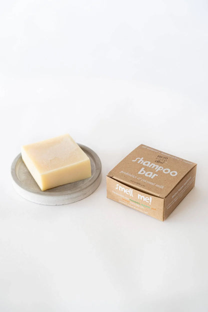 Natural shampoo bar with probiotics and coconut milk next to eco-friendly box on white background