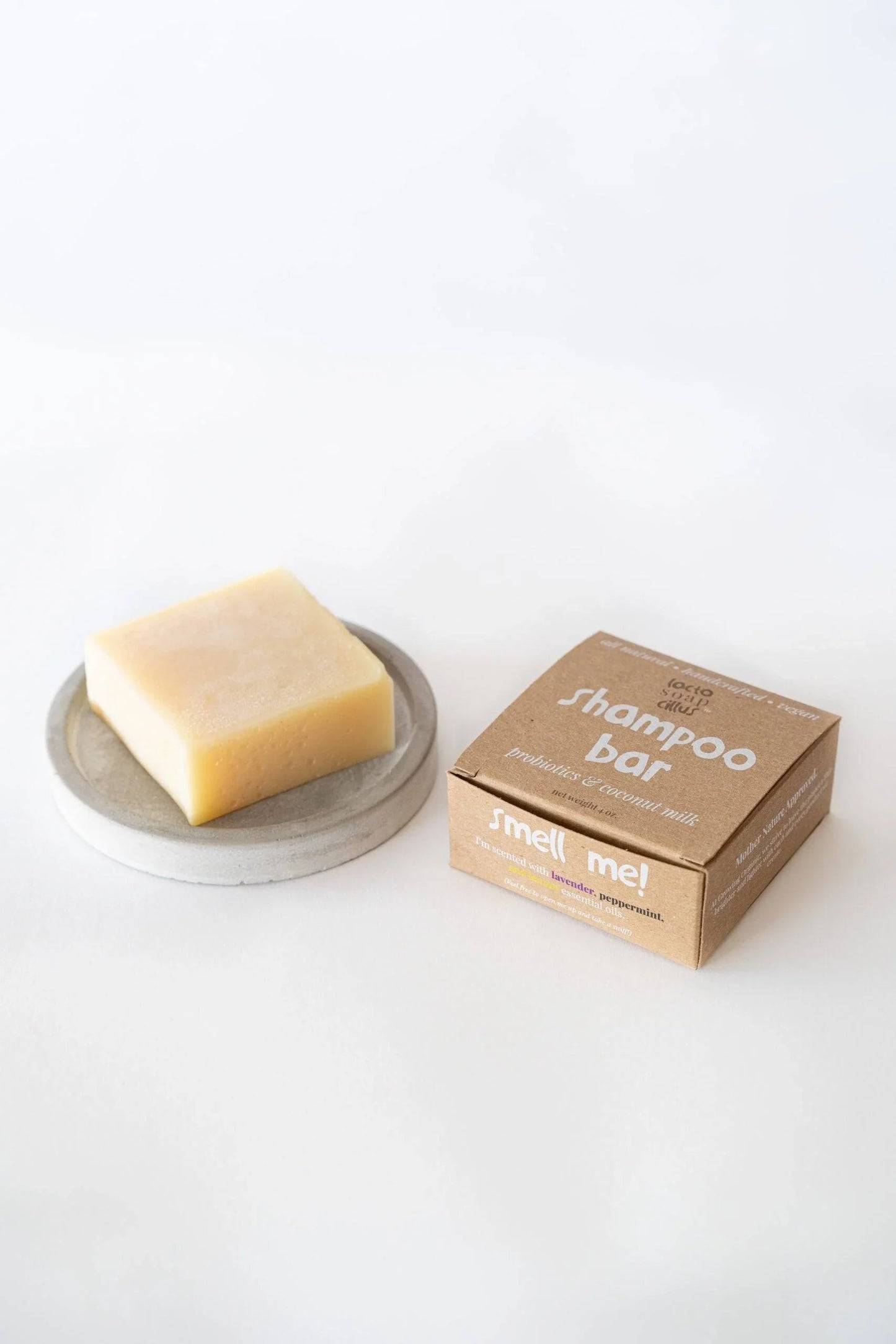 Natural shampoo bar with box, scented with lavender, lemon, and peppermint essential oils
