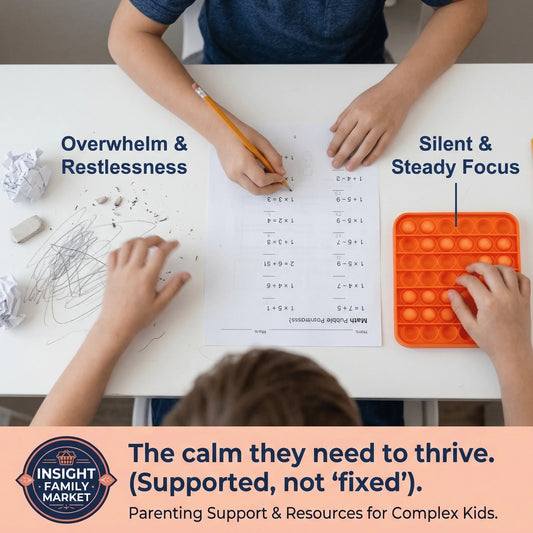 Child using fidget sensory toy to improve focus while doing math homework, ADHD support.