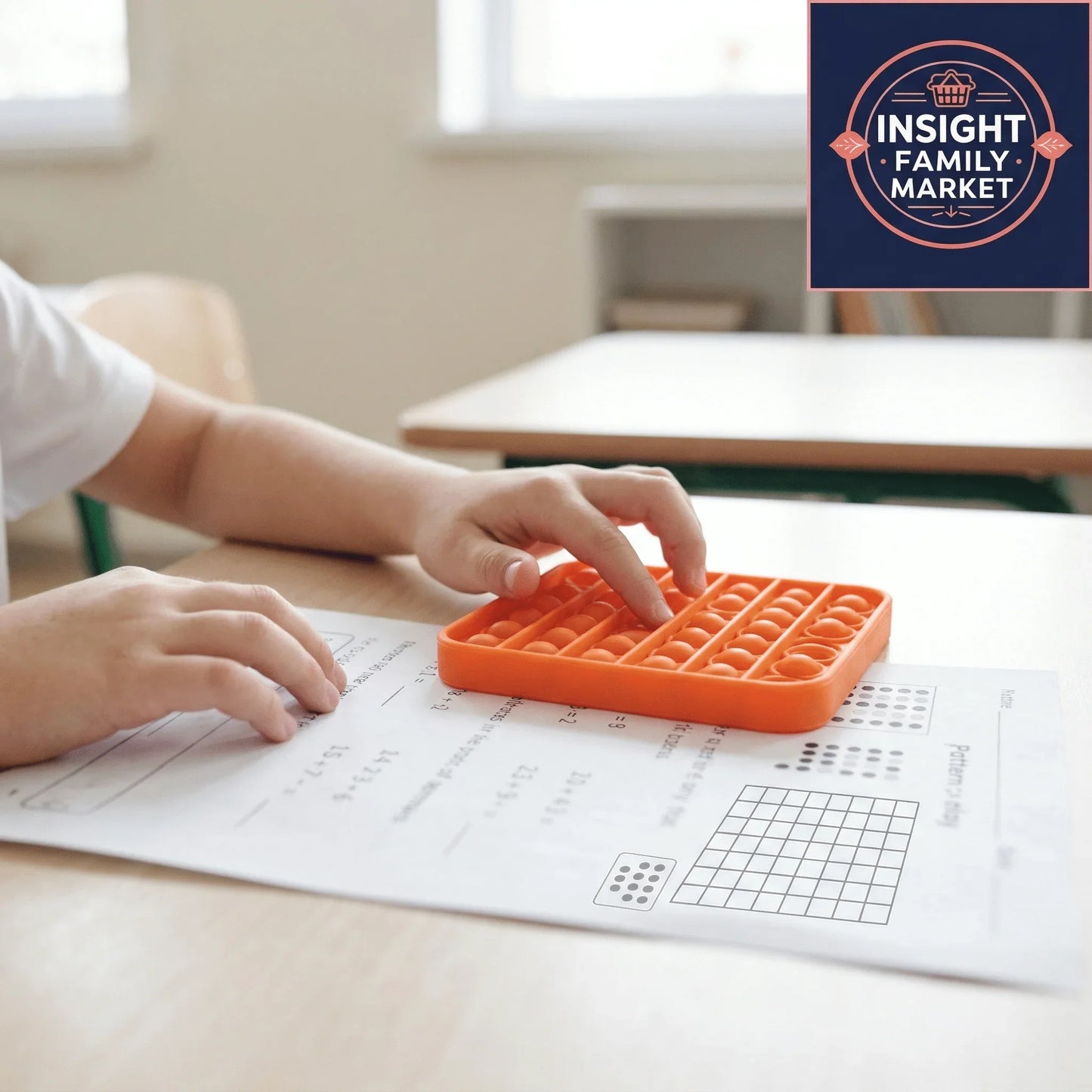 Child using orange sensory fidget toy on worksheet in classroom for focus and attention support