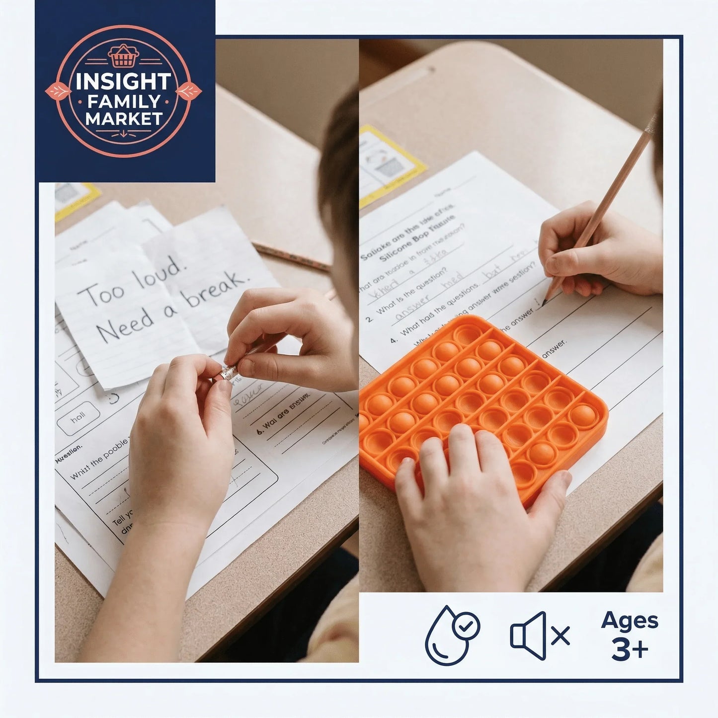 Child using fidget tool and pop sensory toy at desk with schoolwork, sensory aid for focus.
