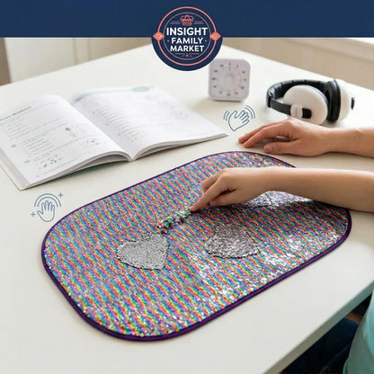 Child using a sensory sequin fidget mat on a desk with an open workbook and headphones nearby
