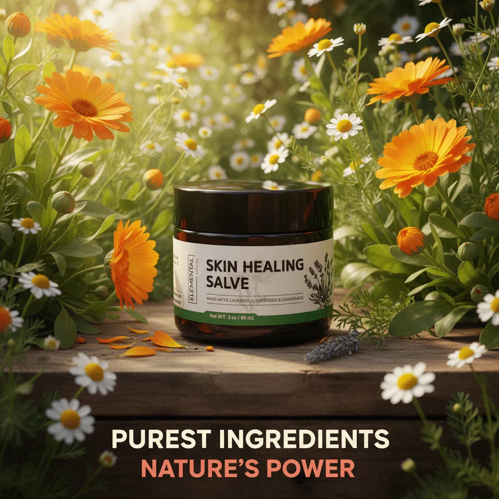 Skin healing salve jar with calendula and chamomile flowers on a wooden surface, natural skincare
