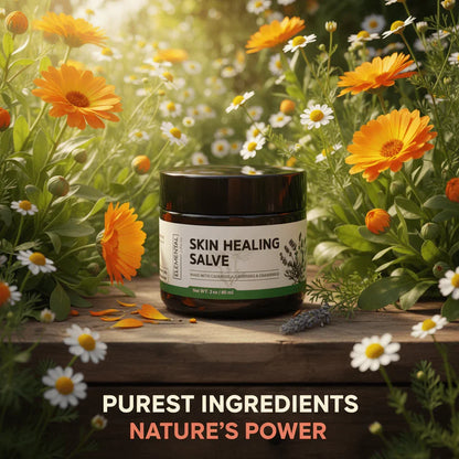 Skin healing salve jar with calendula and chamomile flowers on a wooden surface, natural skincare