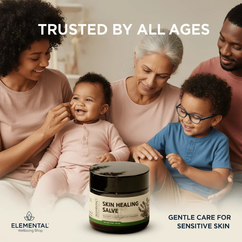 Multigenerational family with children, showcasing Elemental Skin Healing Salve for sensitive skin