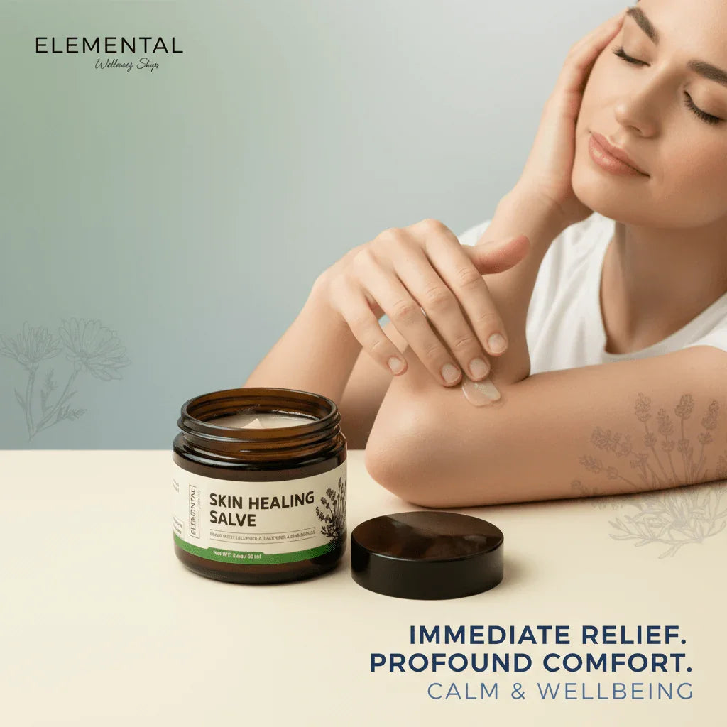 Woman applying skin healing salve to elbow, soothing lotion jar, calm wellness setting.