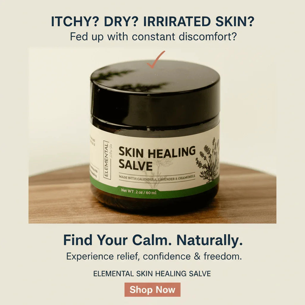 Skin healing salve jar for dry, itchy, irritated skin on wooden surface, natural relief.