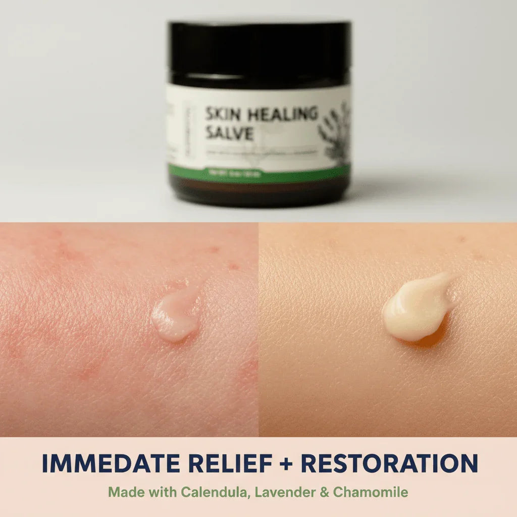 Skin healing salve jar, close-up of salve on irritated and healthy skin, natural relief