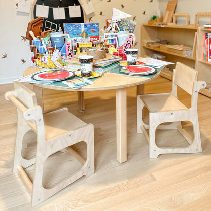 Sensory-friendly kids’ wooden chairs and round table set with crafts and learning tools