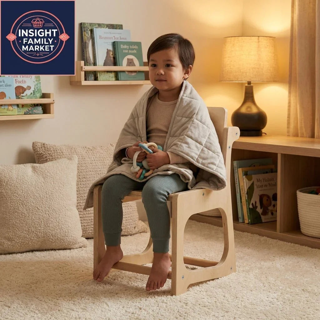 Young child wrapped in a calming weighted blanket sitting on a chair in a cozy sensory-friendly room