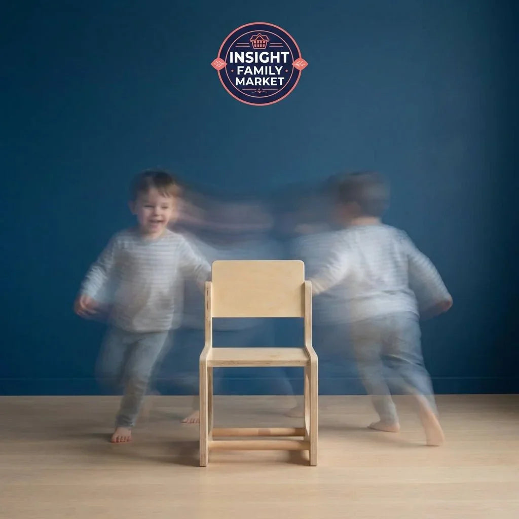 Active child in motion around a sensory-friendly wooden chair against blue wall