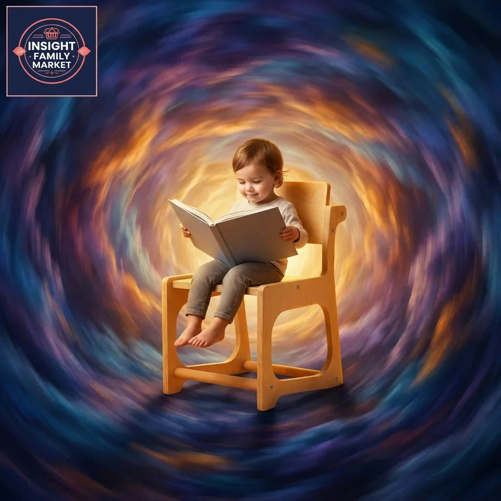 Child reading book on wooden sensory-friendly chair, colorful calming background