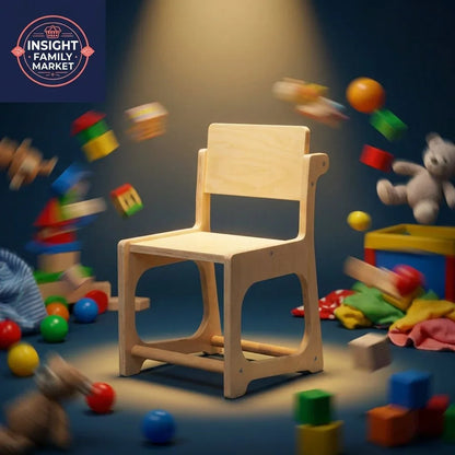 Wooden sensory-friendly kids chair surrounded by colorful toys and blocks in playroom