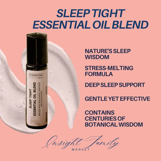 Sleep Tight essential oil blend roller bottle with calming sleep support benefits on pink background