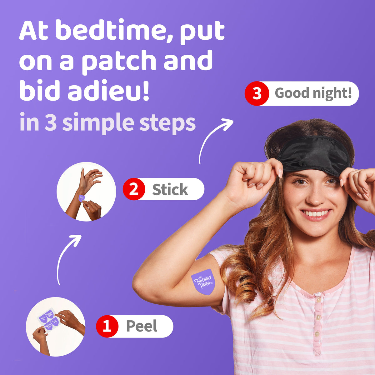 Woman applying a sleep patch with step-by-step instructions on a purple background