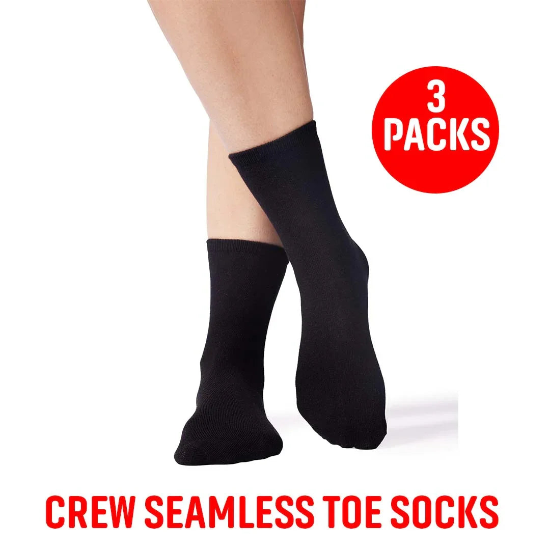 Black crew seamless toe socks, sensory-friendly, 3 pack, shown on feet against white background.
