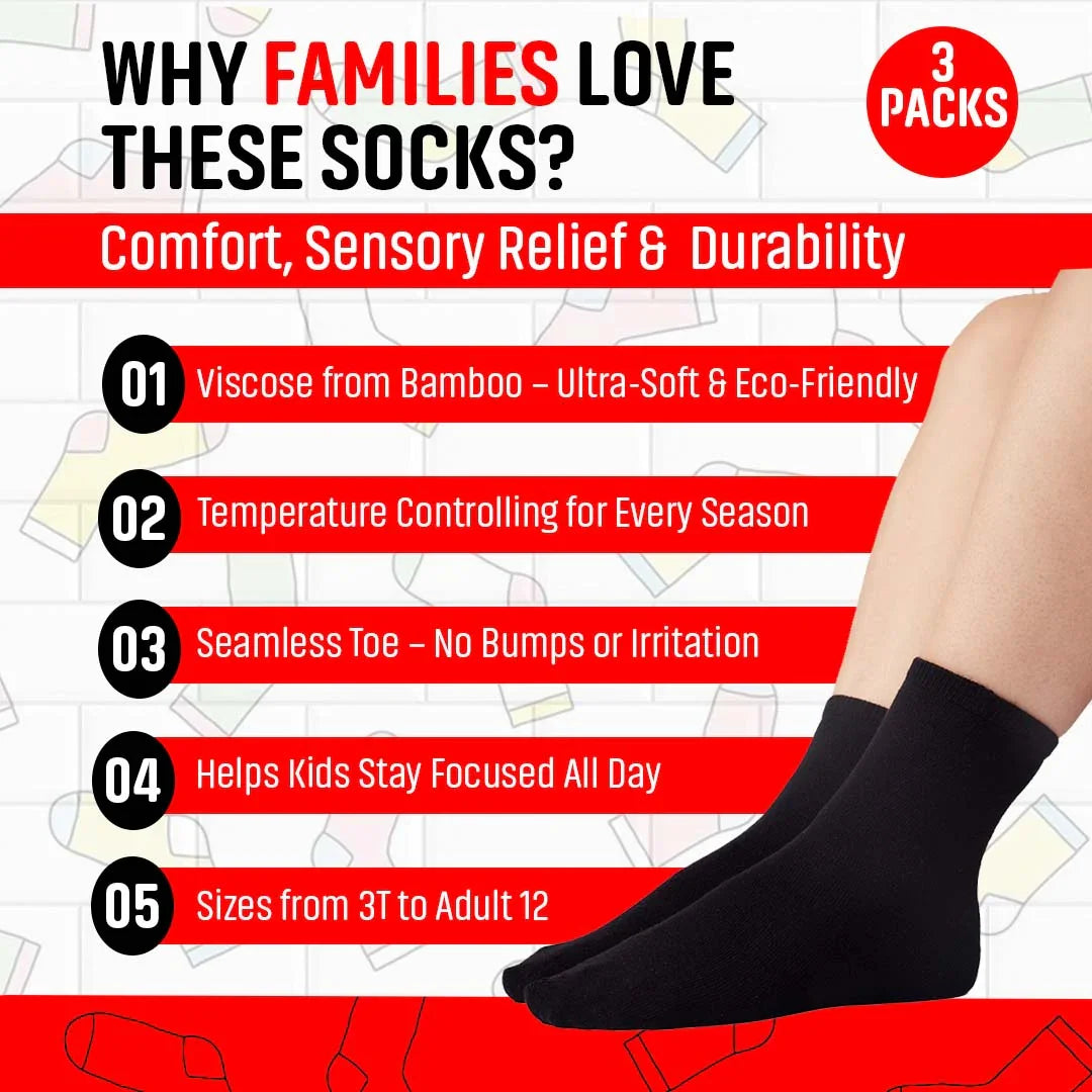 Black sensory crew socks for kids and adults, soft bamboo, seamless toe, 3 pack