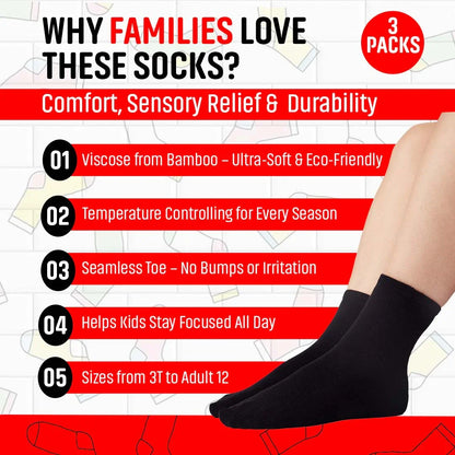 Black sensory crew socks for kids and adults, soft bamboo, seamless toe, 3 pack