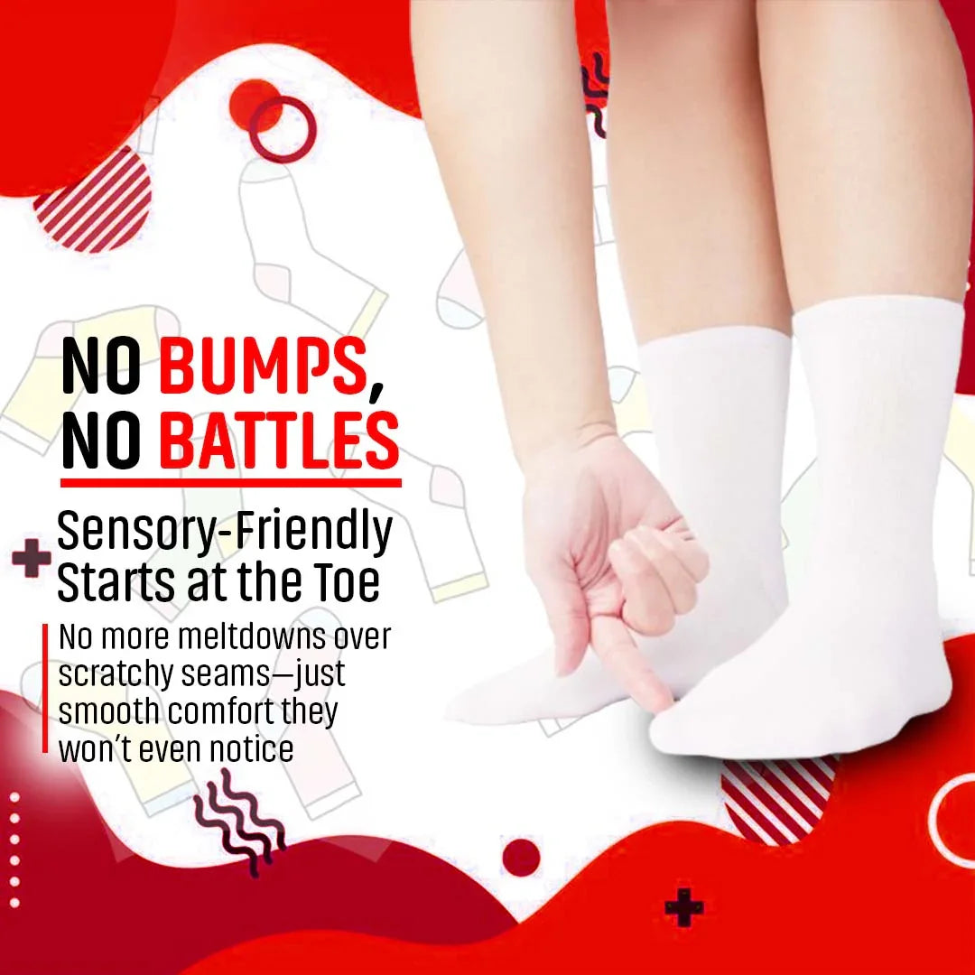 Child wearing white sensory-friendly crew socks, seamless toes, on bright red background