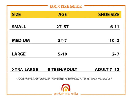 Sock size chart for kids and adults with age and shoe size ranges, sensory-friendly guide.