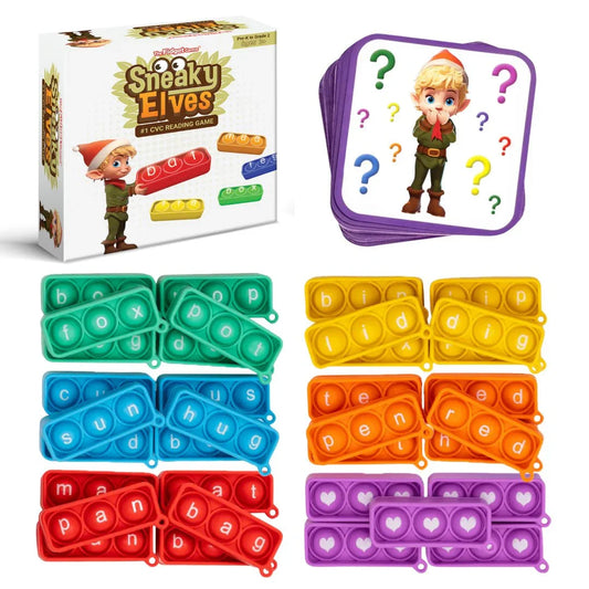 CVC reading game with colorful pop fidget word tiles, learning cards, and elf character