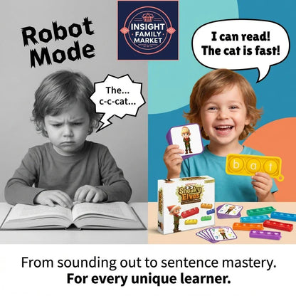 Side-by-side image of a frustrated child reading and a happy child using dyslexia reading tools with flashcards and phonics tiles.