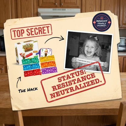 Top secret file with Sneaky Elves game, pop fidget toys, and happy child holding reading strip.