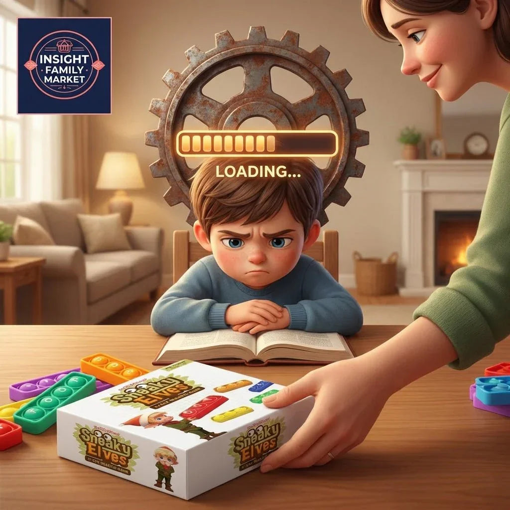 Frustrated boy with a book, loading bar, sensory toy box, parent offering support