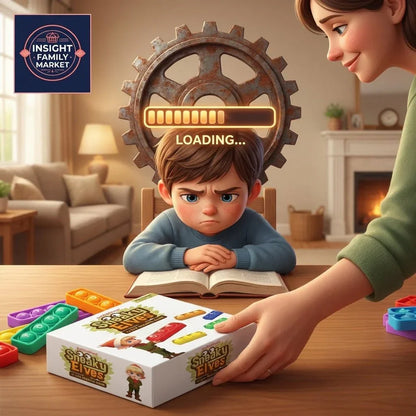 Frustrated boy with a book, loading bar, sensory toy box, parent offering support