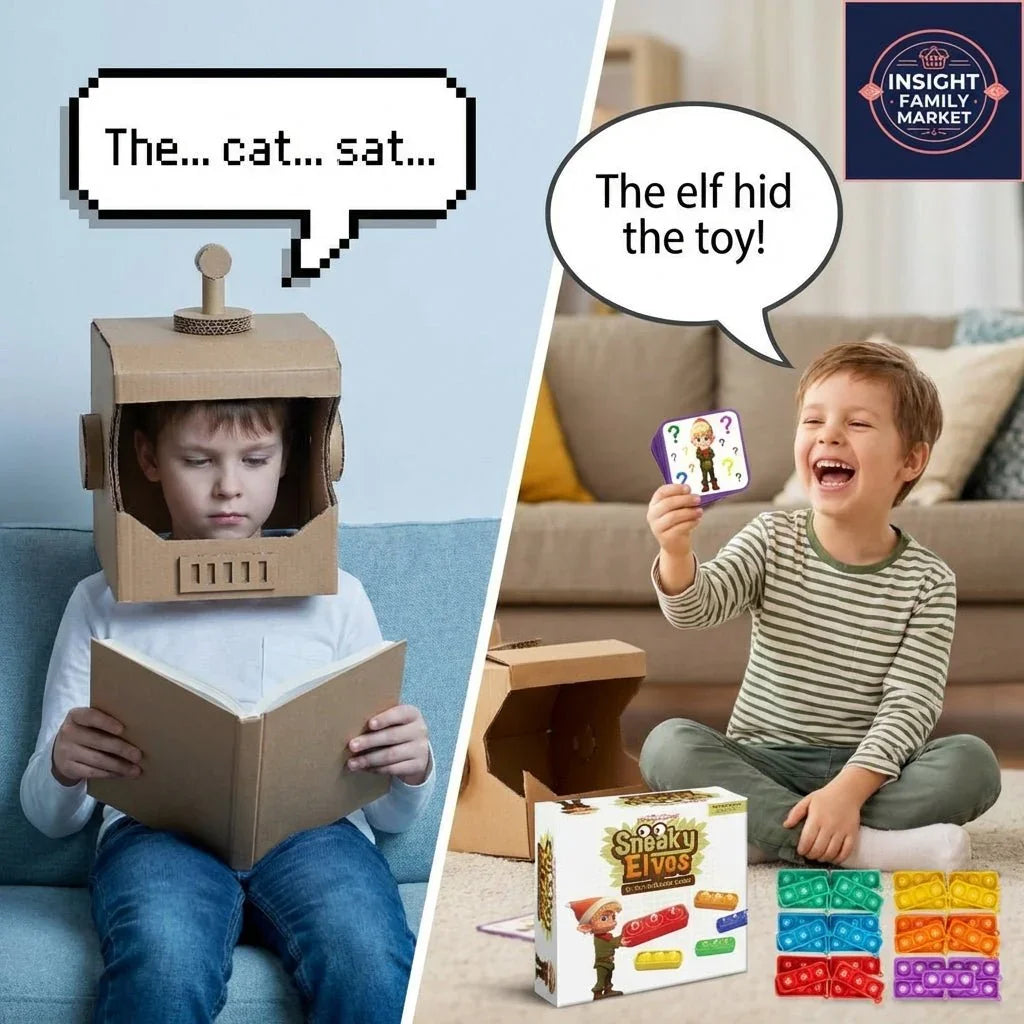 Split image of a child reading robotically in a box robot helmet and another child joyfully playing Sneaky Elves reading game, illustrating literacy and reading fluency support.