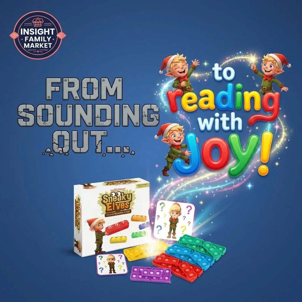 Sneaky Elves phonics game box, colorful reading tools, cheerful elves, and joyful reading text