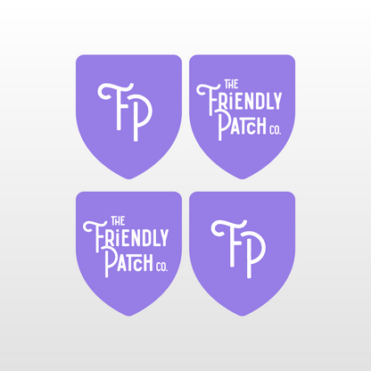 Four purple shield-shaped patches with 'The Friendly Patch Co.' text on a light gray background