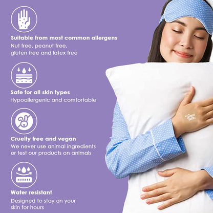 Woman holding a pillow with product features listed on a purple background
