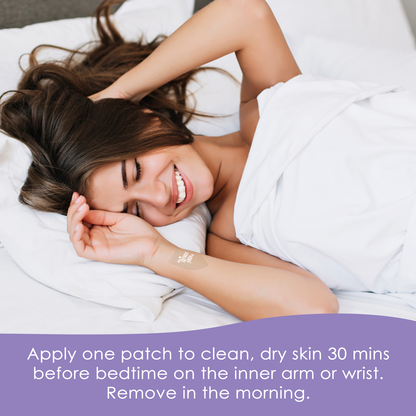 Woman lying in bed with a product patch on her arm, promotional text overlay.