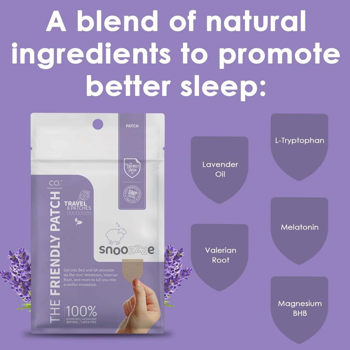Snoozelee product packaging with natural ingredients for better sleep on a purple background