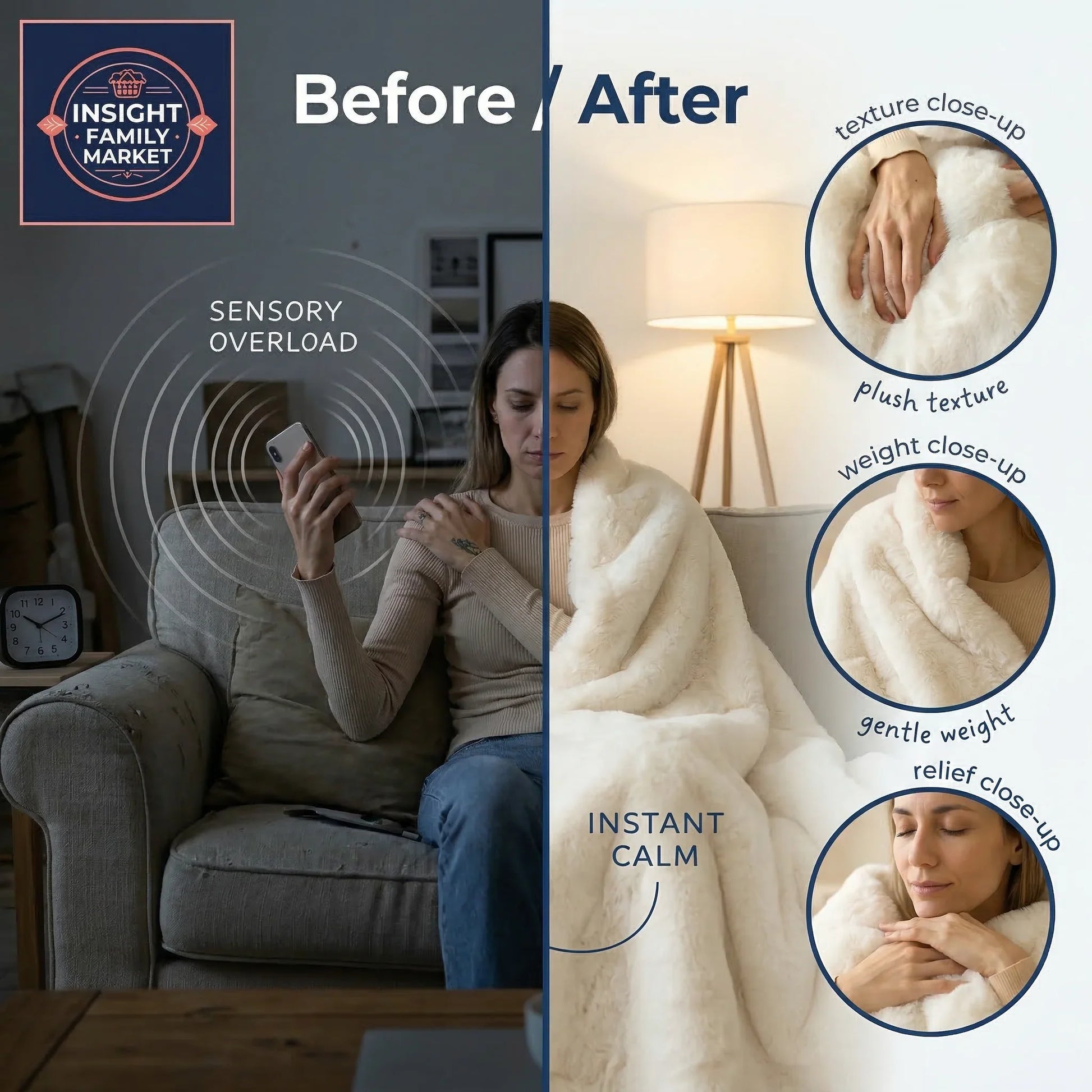 Before and after comparison of a person using a phone with sensory overload and being comforted by a blanket labeled 'Instant Calm'.