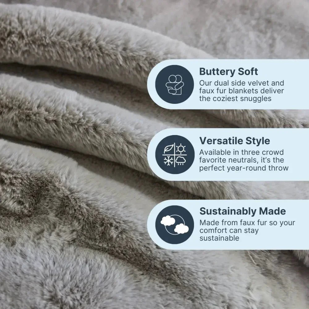 Close-up of a plush light grey faux fur sensory blanket with soft texture and benefits listed.
