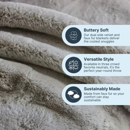 Close-up of a plush light grey faux fur sensory blanket with soft texture and benefits listed.