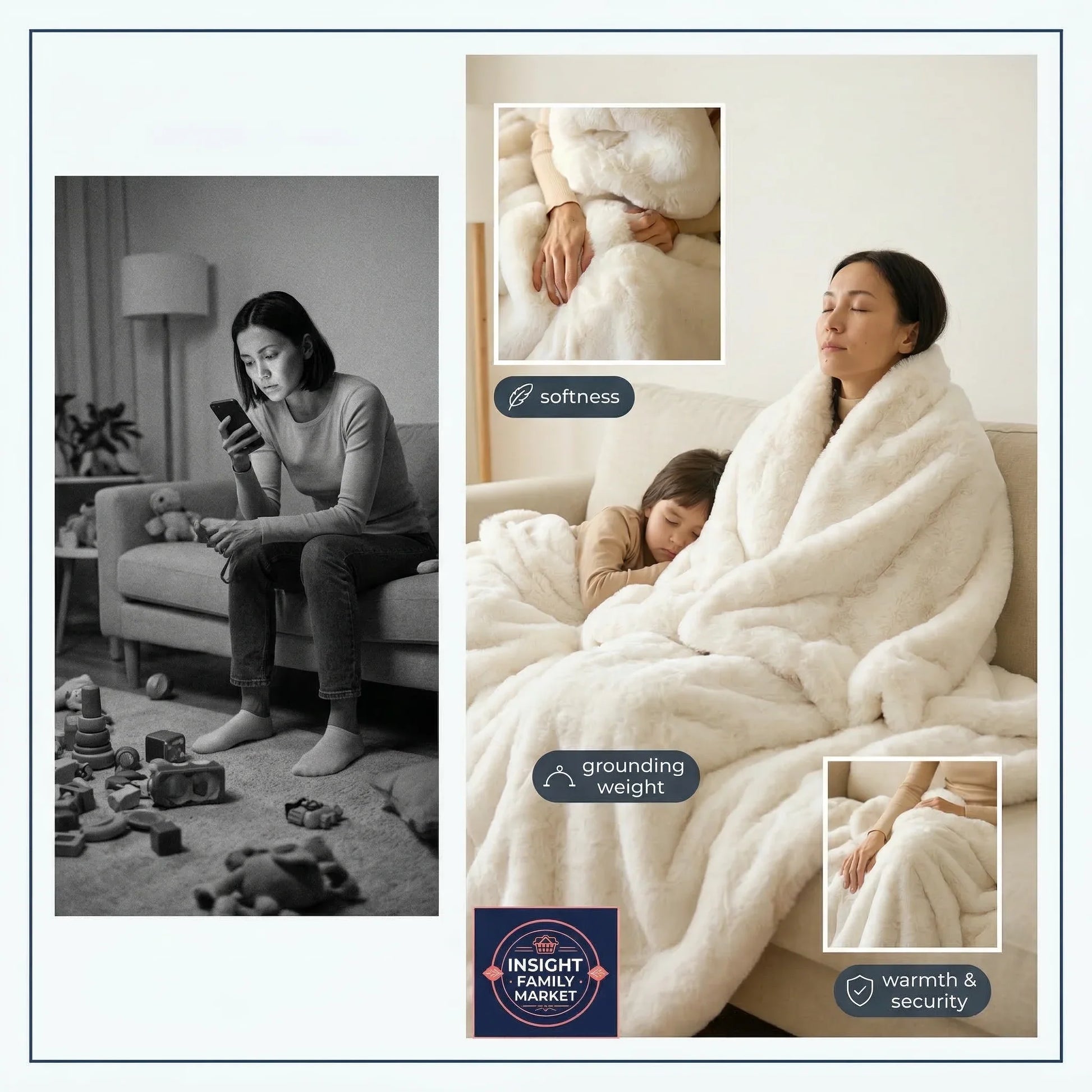 Woman and child wrapped in a soft blanket with product features highlighted.