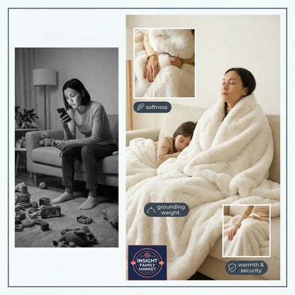 Woman and child wrapped in a soft blanket with product features highlighted.