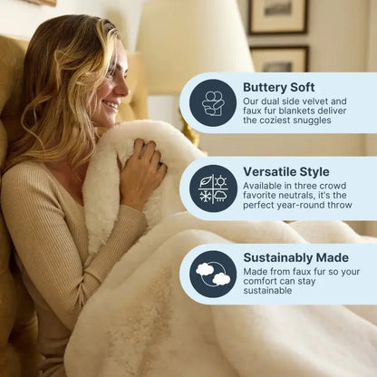 Woman cuddling a soft faux fur blanket in a cozy indoor setting with product features listed.