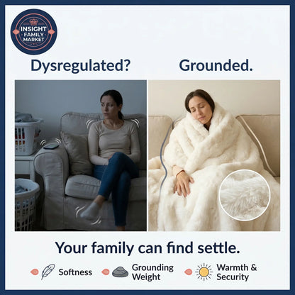 Woman sitting on a couch labeled 'Dysregulated?' and another woman wrapped in a blanket labeled 'Grounded.' with product details.