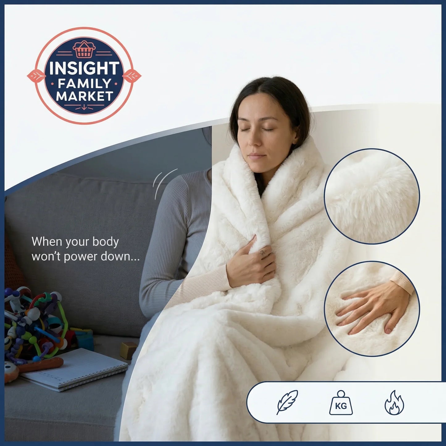 Woman wrapped in a white blanket with close-up insets, sitting on a couch in a cozy room.