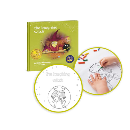 The Laughing Witch children's book with coloring activity pages and child coloring witch illustration.