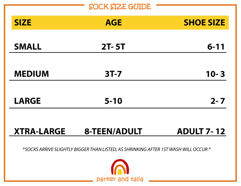 Sock size guide with age and shoe size ranges for Parker & Talia brand socks.