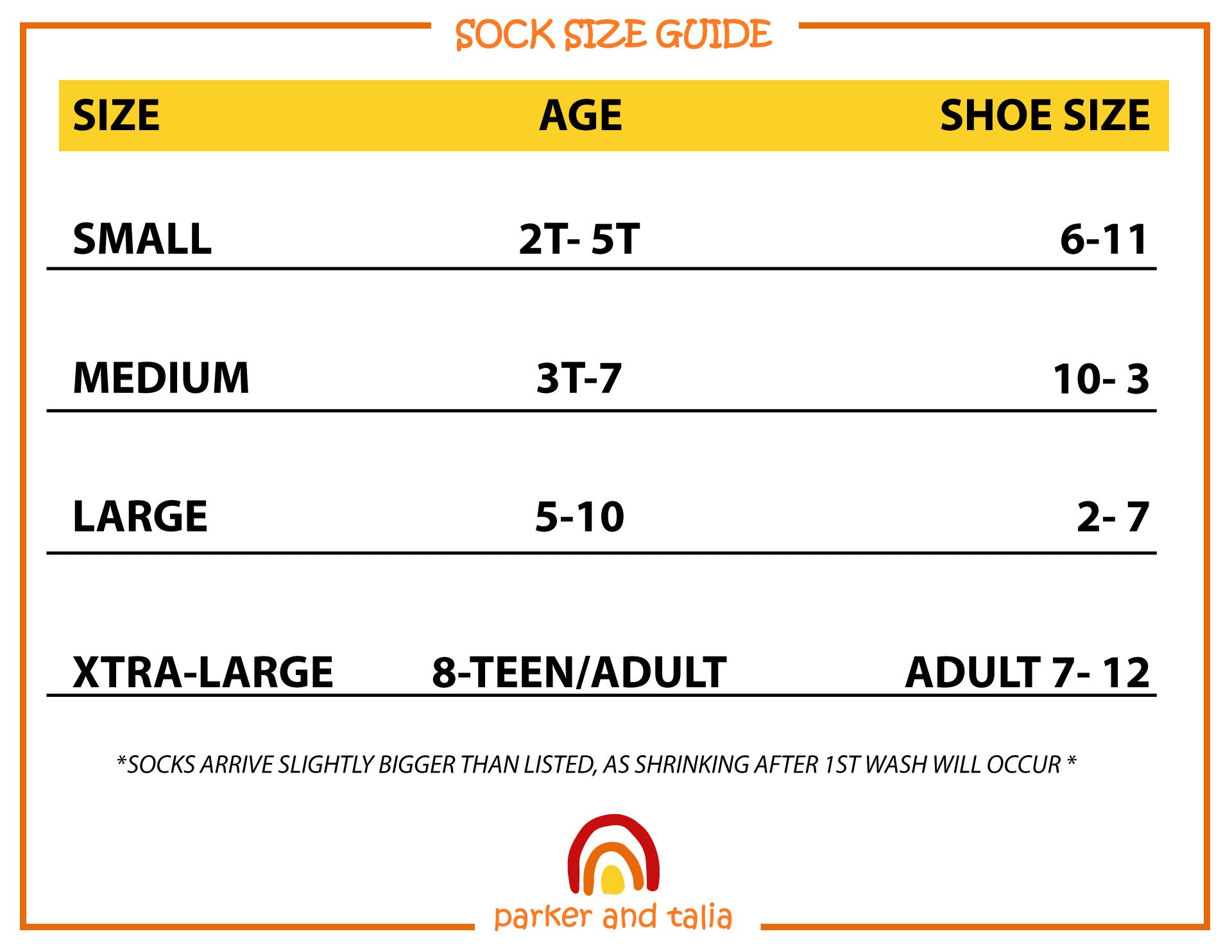 Sock size guide with age and shoe size ranges for Parker & Talia brand socks.