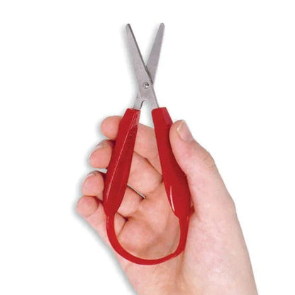 Adaptive red-handled safety scissors for sensory-friendly learning held in hand