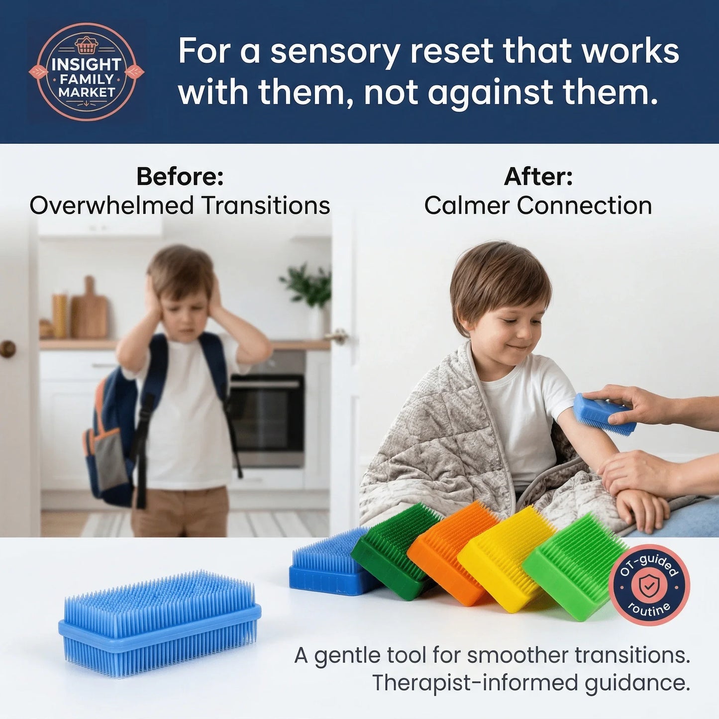 Child before and after using sensory brush tool for calmer transitions at home