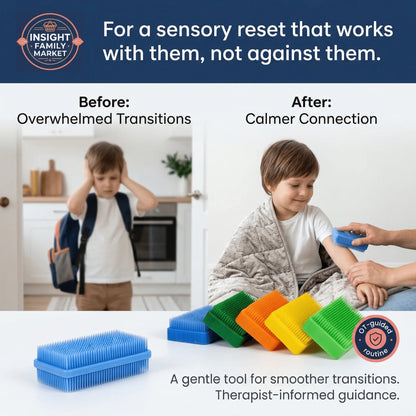 Child before and after using sensory brush tool for calmer transitions at home