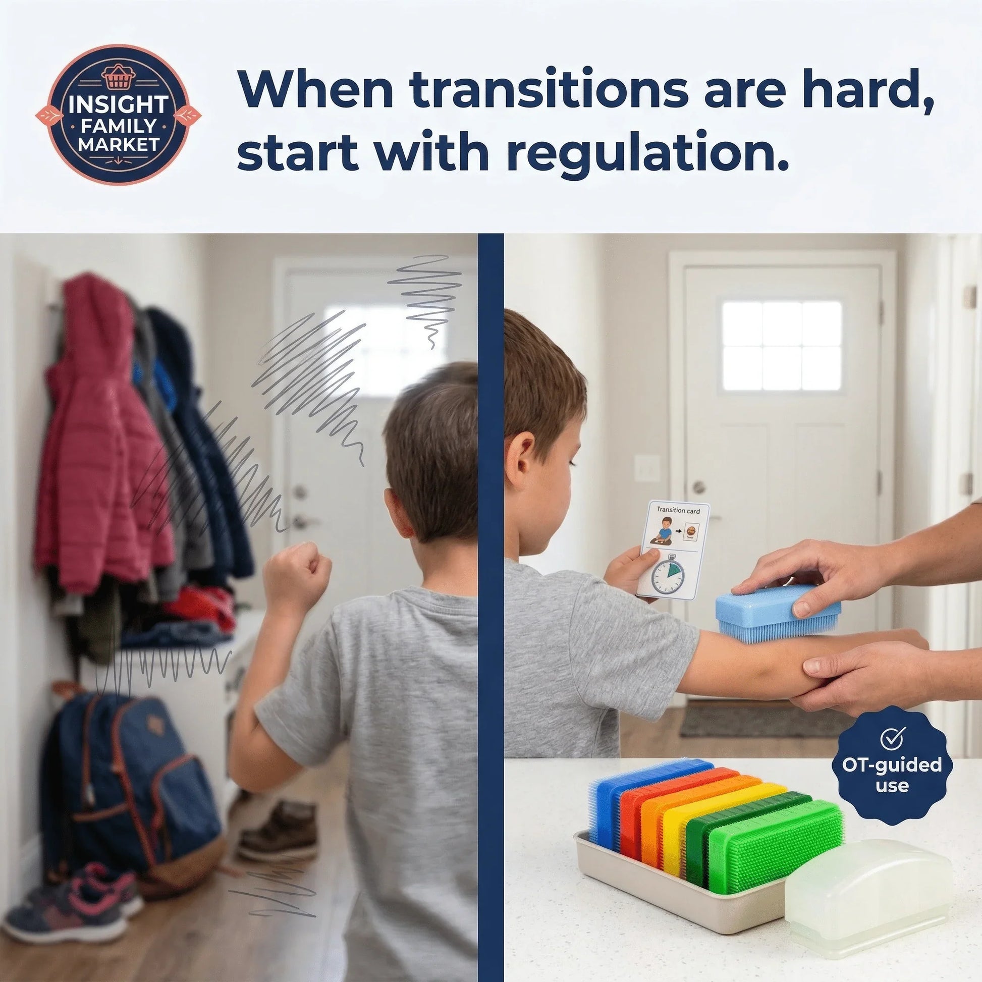 Child using sensory regulation tools and transition cards for ADHD or autism support at home.